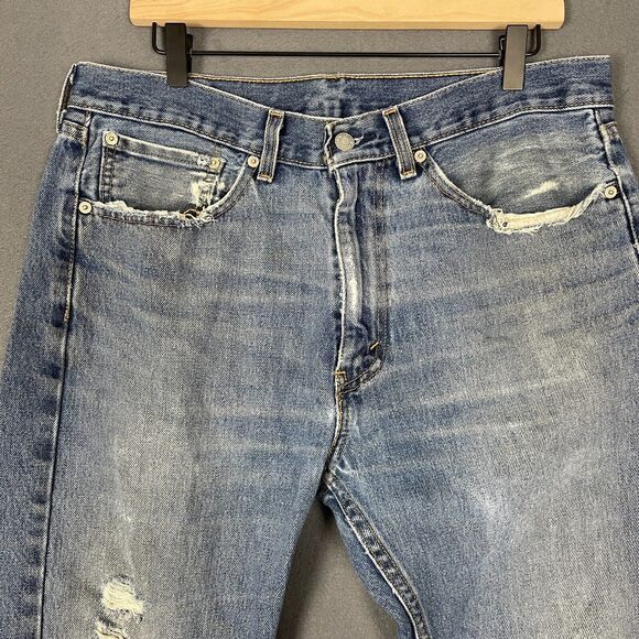 Levis 505 Jeans Men's 34x30 Blue Denim Medium Wash Distressed Straight Leg Retro - Picture 2 of 16